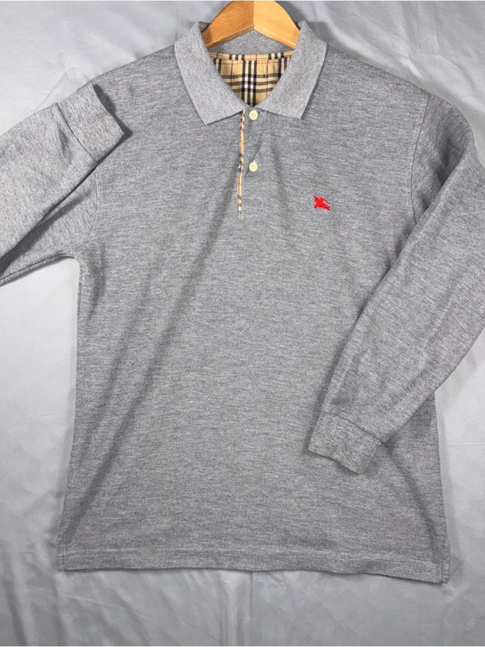 Vintage Burberrys Polo Shirt Mens Large Gray Long Sleeve Nova Check Collar Logo